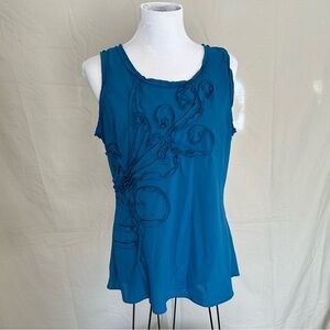 Willi Smith Teal Blue Sleeveless Blouse Floral Appliqué Tank Top size large